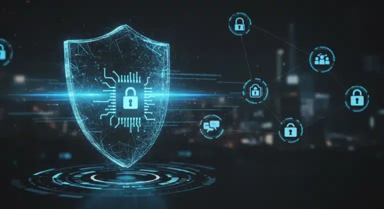 Advanced AI cybersecurity shield protecting US business networks in 2026