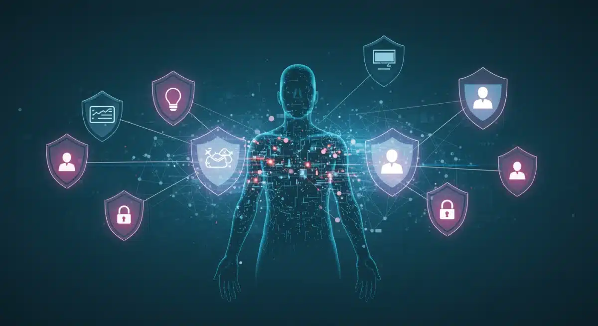 Data privacy and security for bio-integrated AI systems, represented by a human silhouette with data shields.