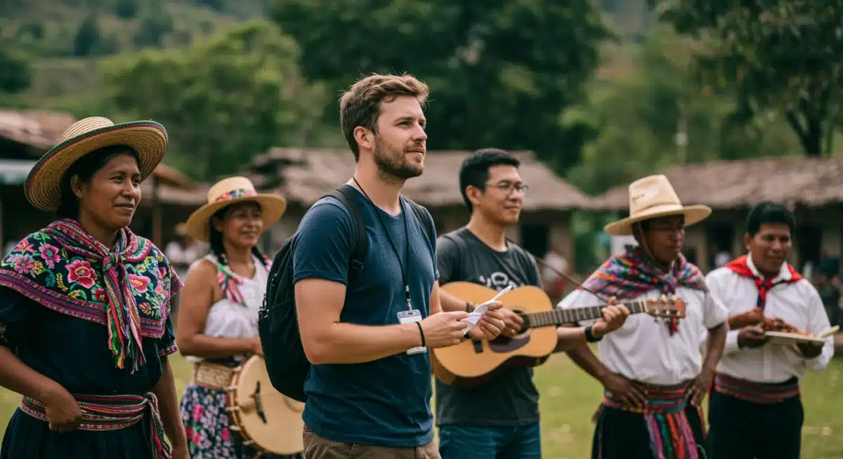 Digital nomads successfully integrating into a local community festival abroad.