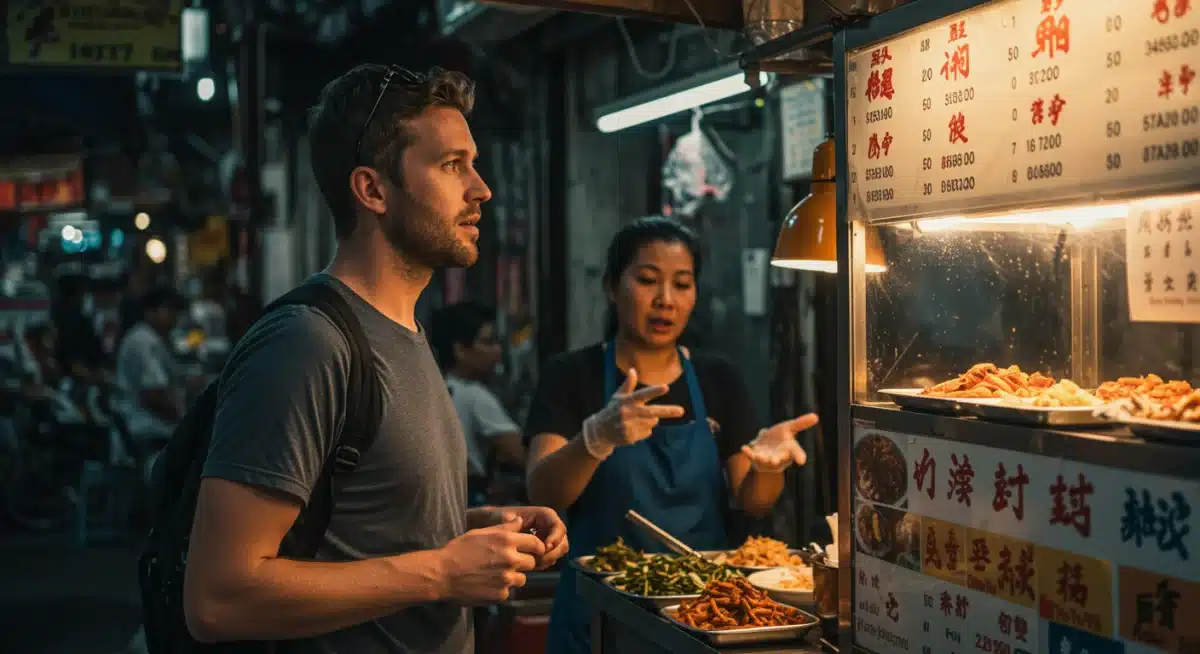 American digital nomad navigating language and communication barriers at a foreign street market.