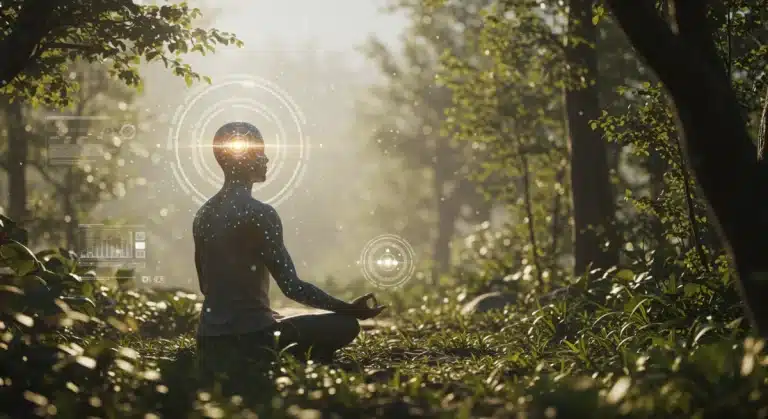 Person meditating peacefully in a futuristic natural setting, balancing digital and real life