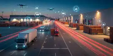 Futuristic logistics hub with AI-powered vehicles and data streams