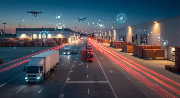 Futuristic logistics hub with AI-powered vehicles and data streams