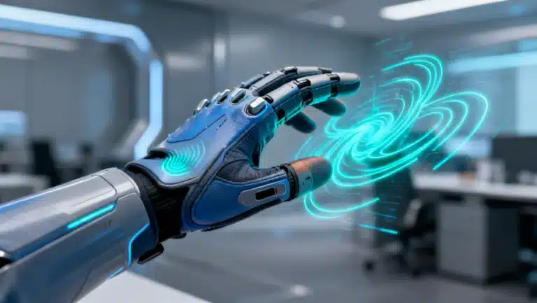 Haptic glove interacting with holographic interface, symbolizing future digital interaction.