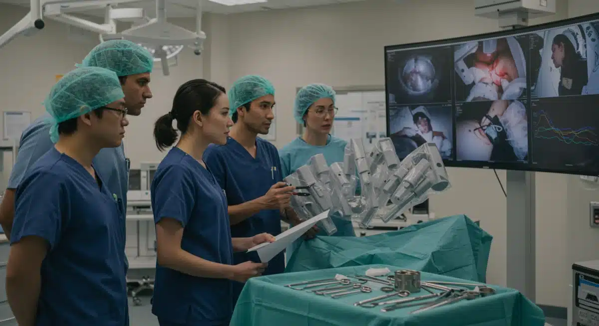 Healthcare team reviewing robotic surgery data and outcomes