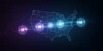 Quantum computing US landscape with glowing qubits and abstract data streams