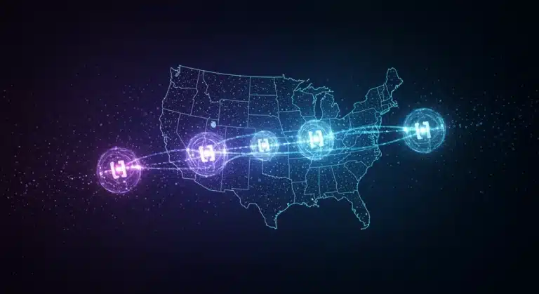 Quantum computing US landscape with glowing qubits and abstract data streams