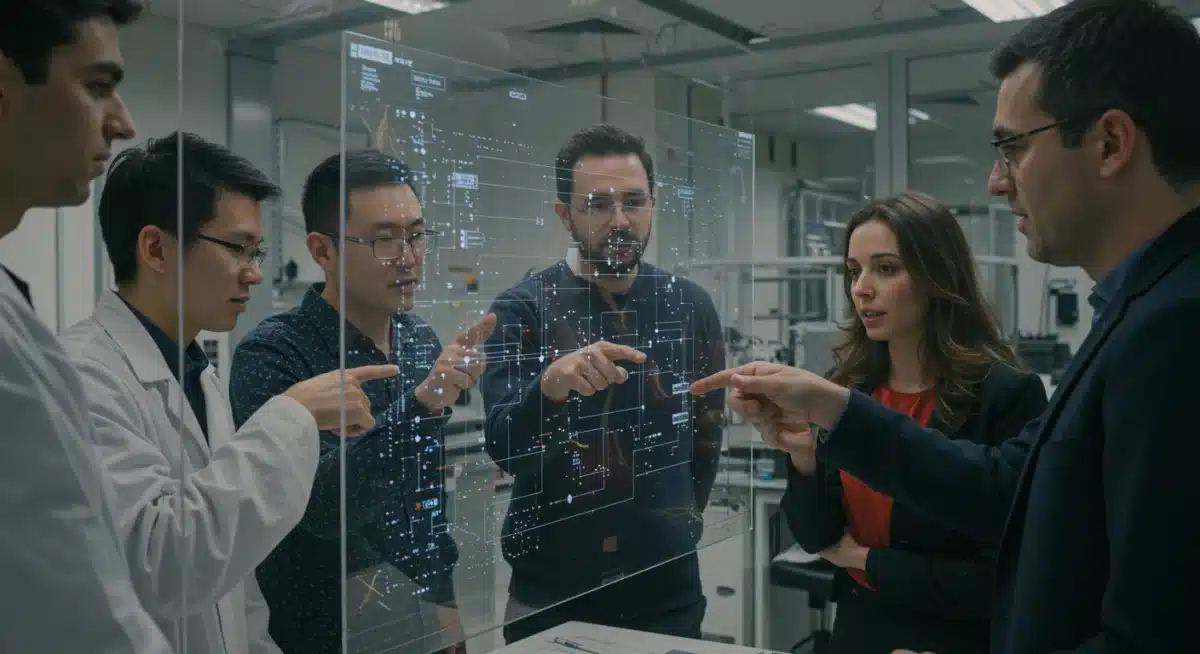 Scientists collaborating on quantum computing research and development