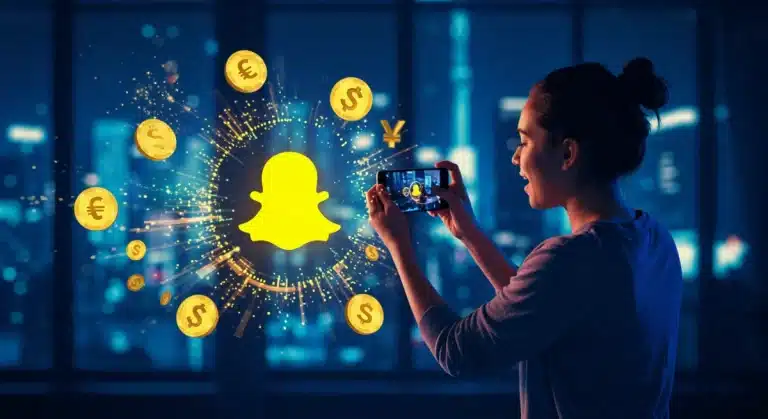 Creator filming short video for Snapchat Spotlight with digital currency symbols