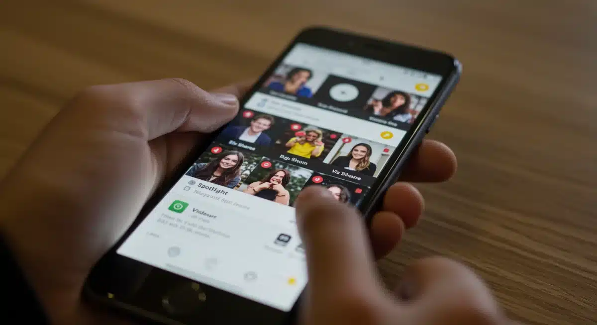 Smartphone screen showing Snapchat Spotlight videos and engagement metrics