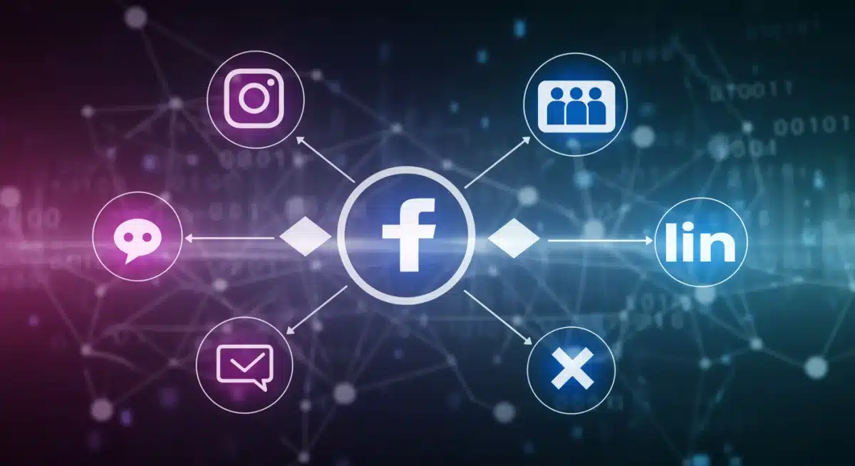 Interconnected social media icons showing cross-promotion to a central Facebook Group icon