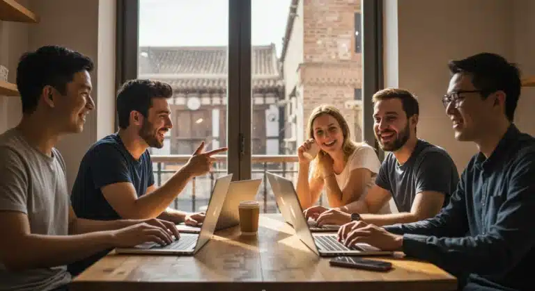 US digital nomads collaborating in an international co-working space, overcoming cultural differences.