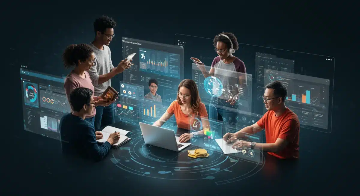 Diverse creators collaborating on a virtual project with modern digital tools, showcasing real-time collaboration and secure payments.