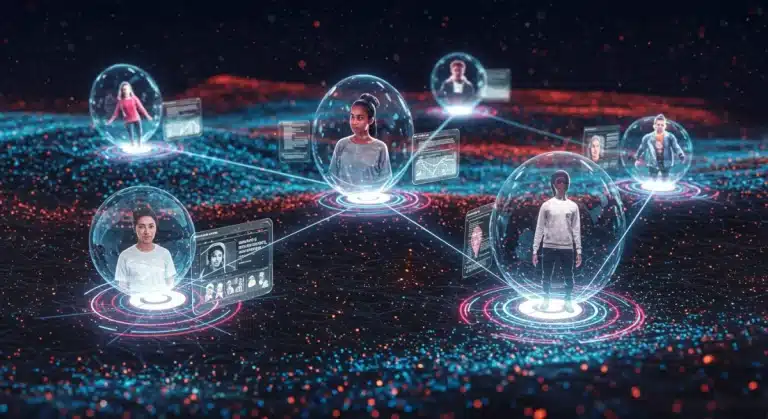 Futuristic digital landscape with interconnected creator networks and holographic interfaces, symbolizing the 2026 creator economy.