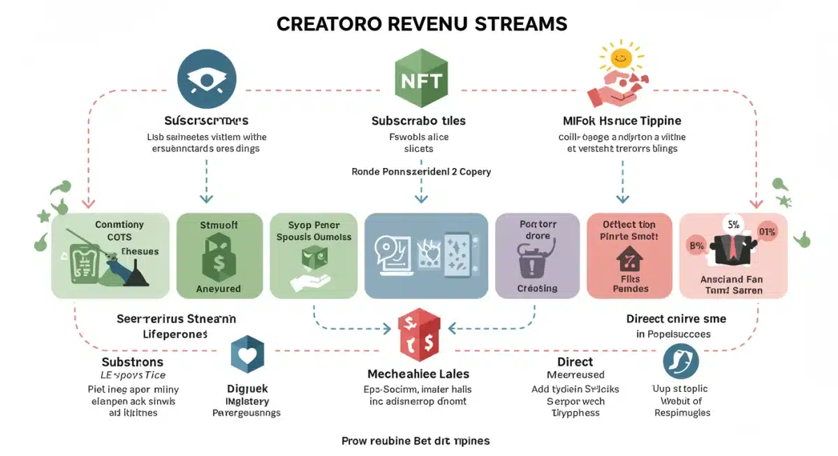 Infographic showing creator revenue streams: subscriptions, NFTs, merchandise, and fan tipping on a digital platform.