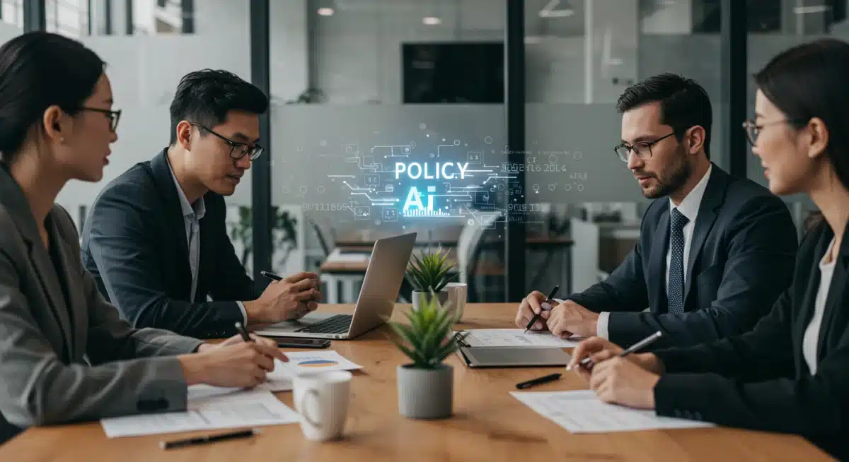 Business team collaborating on ethical AI implementation and compliance strategies.