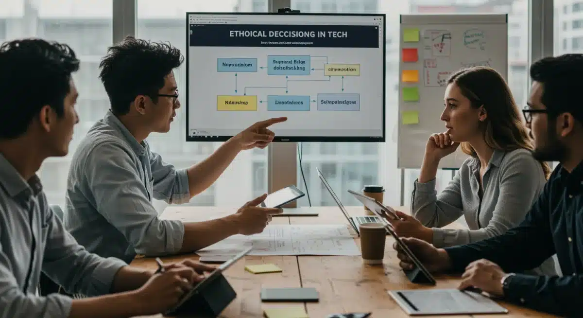 Tech professionals discussing ethical decision-making frameworks