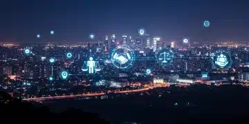 Futuristic digital city representing ethical tech landscape with data streams