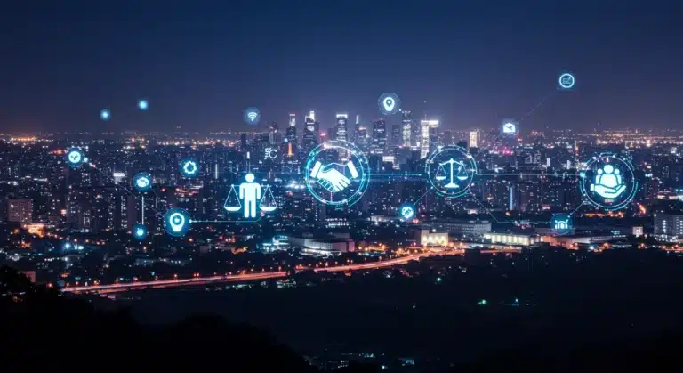 Futuristic digital city representing ethical tech landscape with data streams