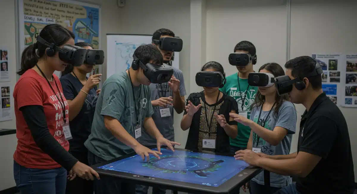 Diverse individuals learning and collaborating through immersive tech