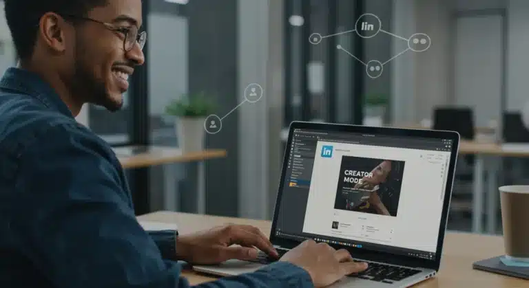 Professional using LinkedIn Creator Mode on laptop, showing growth