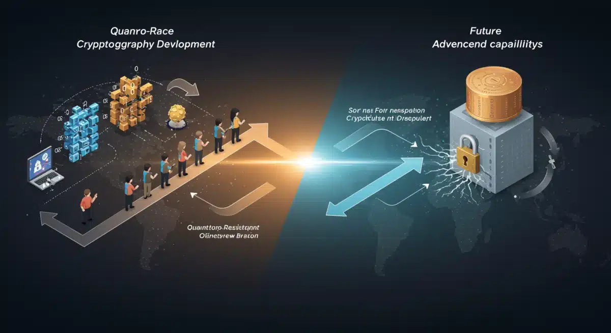 Race between quantum-resistant cryptography and quantum attack capabilities, illustrating the urgency of post-quantum solutions.