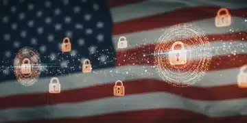 Quantum computing's impact on US cybersecurity defense strategies by 2026, featuring abstract quantum networks and national security elements.