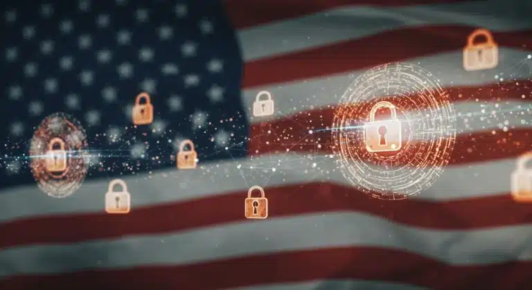 Quantum computing's impact on US cybersecurity defense strategies by 2026, featuring abstract quantum networks and national security elements.