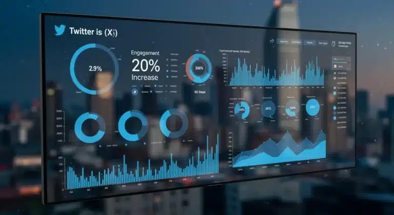 Futuristic Twitter X analytics dashboard showing 20% engagement increase over 90 days