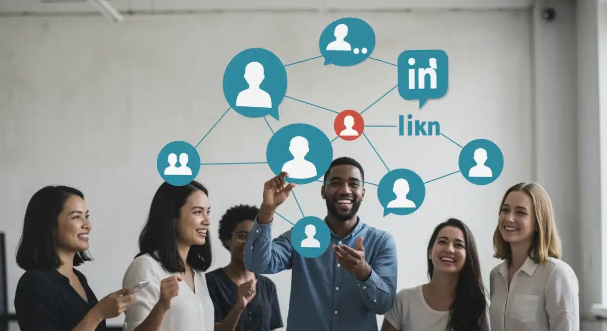 Diverse professionals networking and engaging on LinkedIn through content