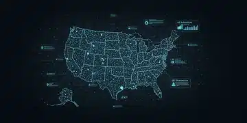 Illustration of AI regulatory frameworks in the US with interconnected data and legal symbols.