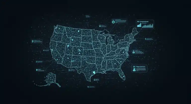 Illustration of AI regulatory frameworks in the US with interconnected data and legal symbols.
