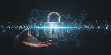 Conceptual image of US data privacy with digital lock and data streams