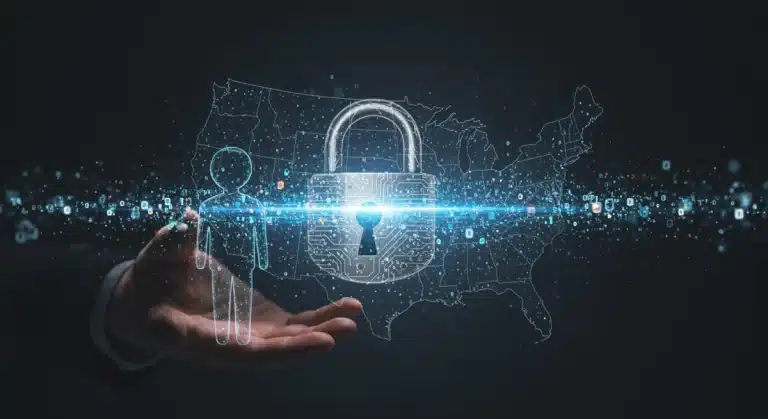 Conceptual image of US data privacy with digital lock and data streams