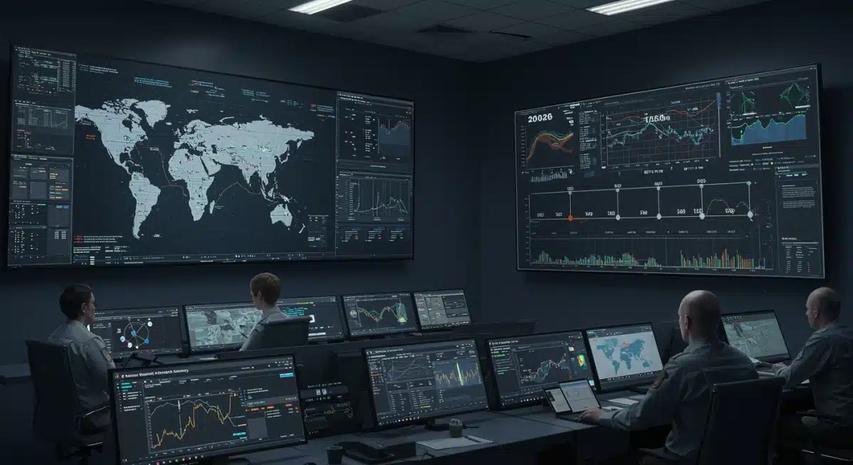 Strategic planning and intelligence gathering in a command center for U.S. quantum cybersecurity defense by 2026, featuring maps and data.