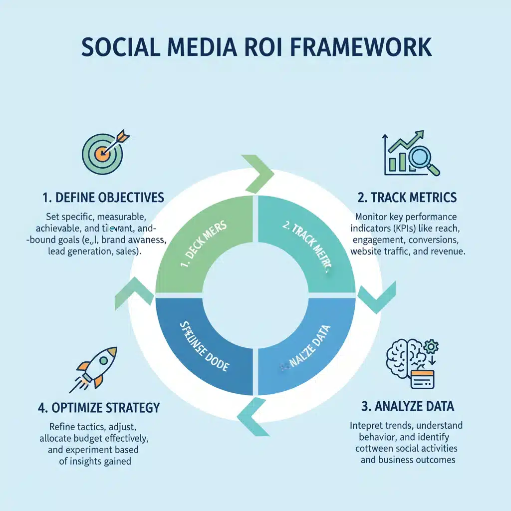 Infographic showing the four steps of an effective social media ROI measurement framework.