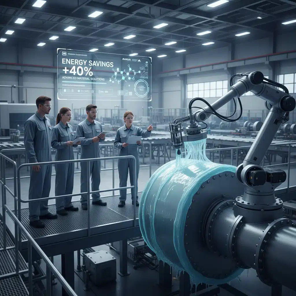 Robotic arm applying high-efficiency insulation in factory