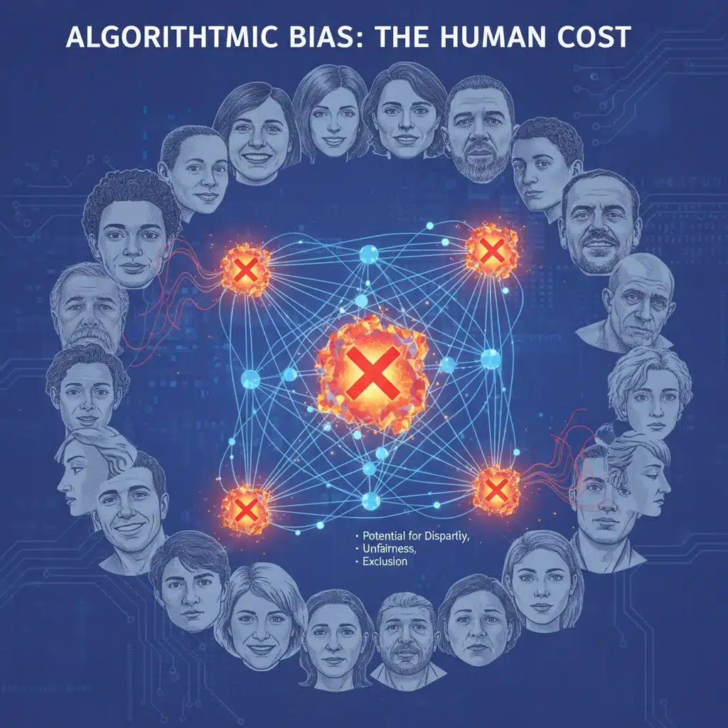 Neural network showing bias points impacting diverse human demographics.