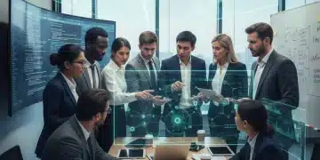 Professionals collaborating to address AI bias in algorithms with ethical guidelines overlay.