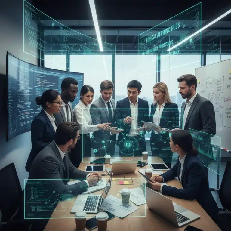 Professionals collaborating to address AI bias in algorithms with ethical guidelines overlay.