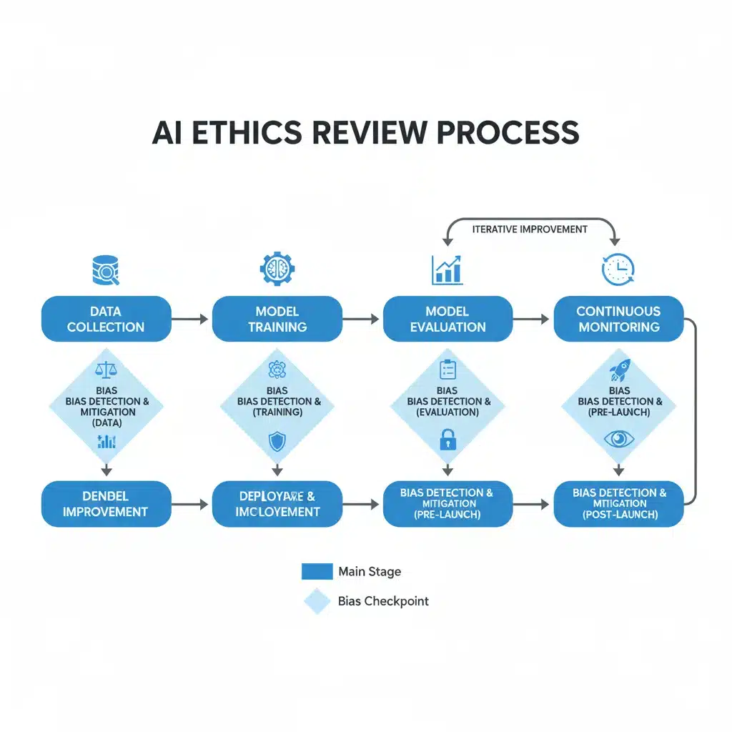 Diagram of an AI ethics review process with bias detection checkpoints.