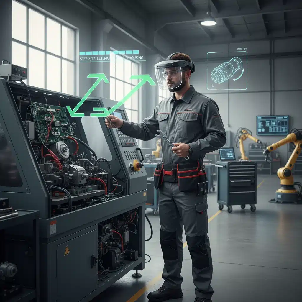 Industrial worker using AR headset for real-time training and maintenance on complex factory equipment.