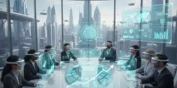 Business leaders analyzing financial data on AR/VR training ROI in a modern office environment.