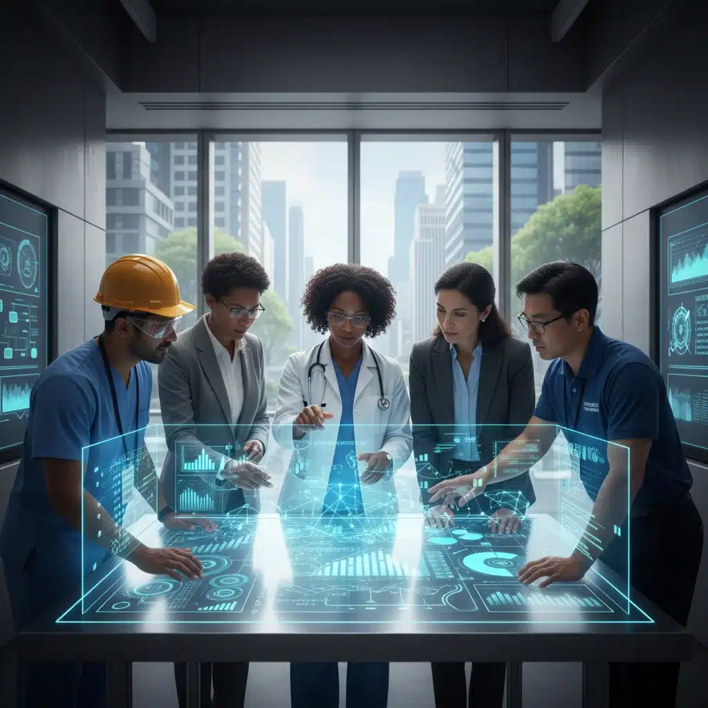 Professionals collaborating using predictive models for data-driven decisions