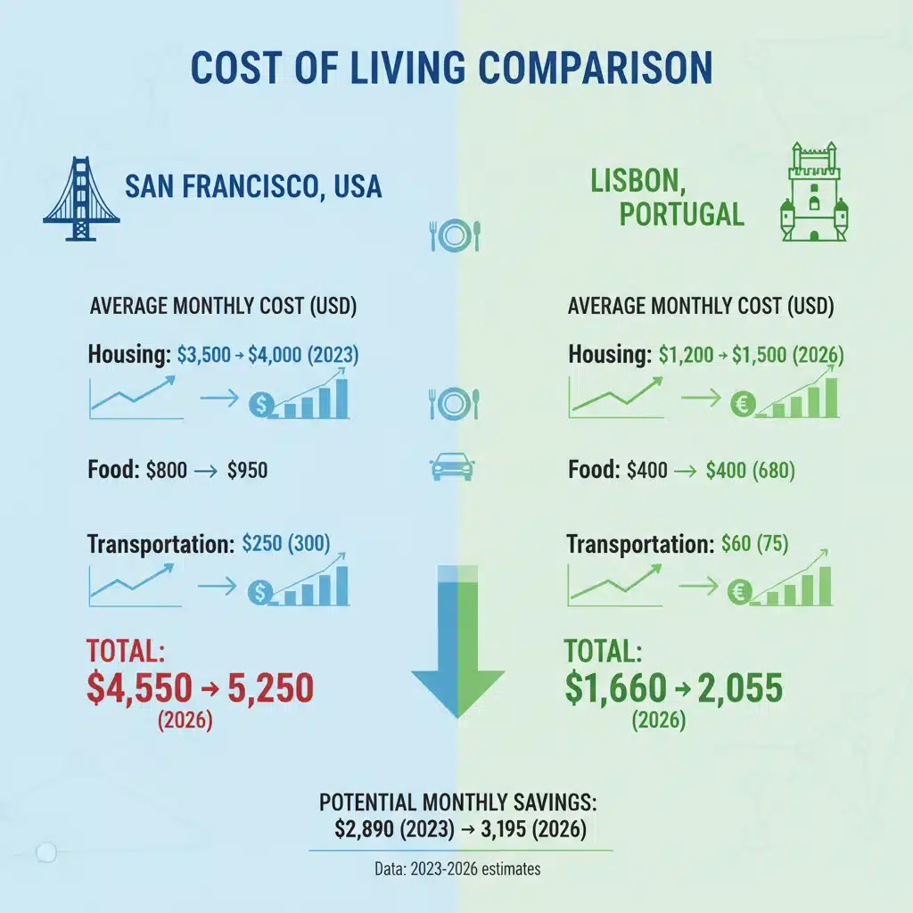 Infographic comparing cost of living for digital nomads in different global locations versus US cities.