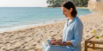 US tech worker enjoying digital nomad lifestyle on a tropical beach, working remotely.
