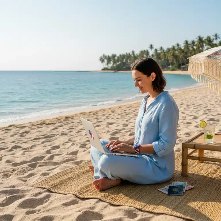 US tech worker enjoying digital nomad lifestyle on a tropical beach, working remotely.