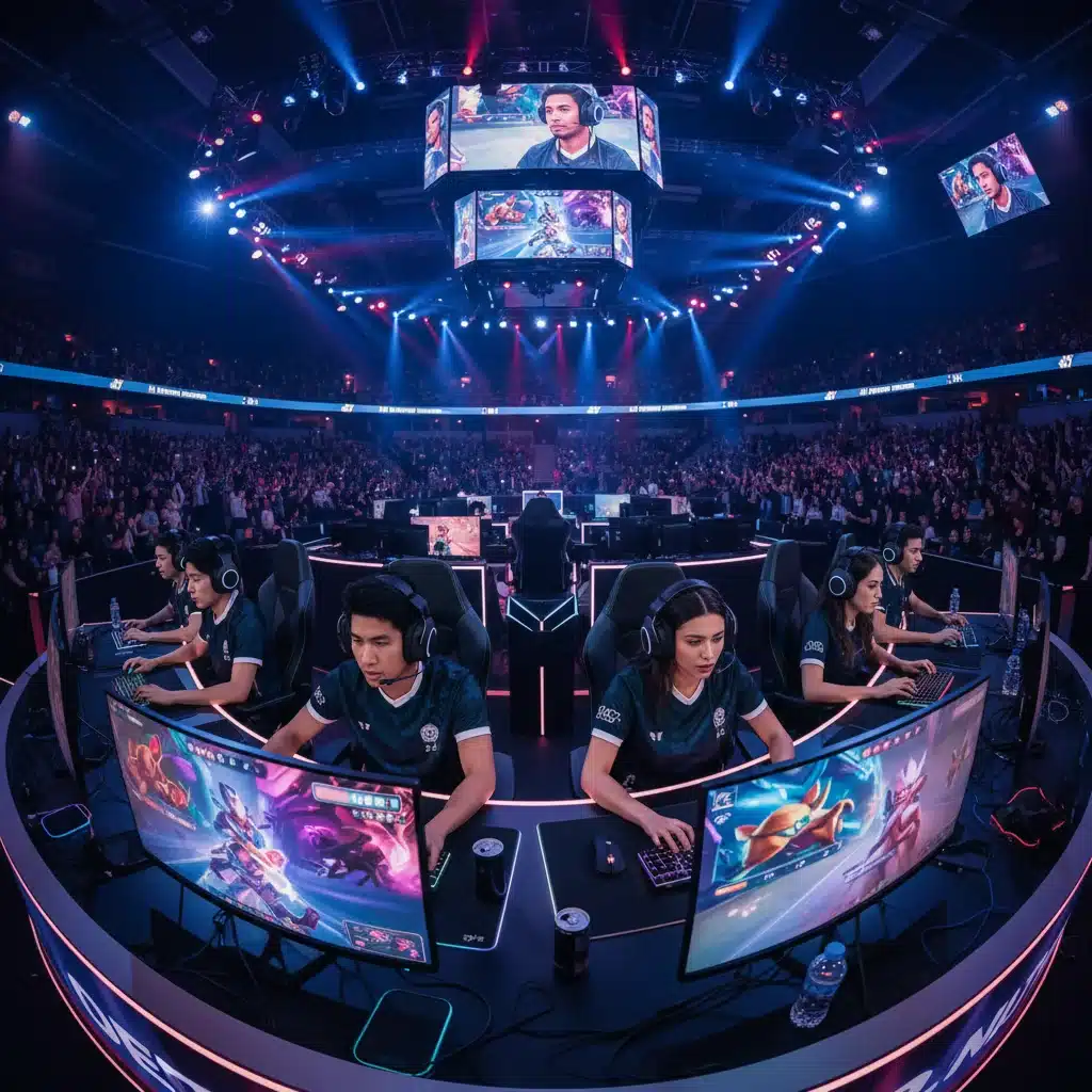 Diverse young adults competing in a professional esports arena, showcasing intense focus and collaboration.