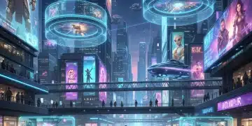 Futuristic cityscape with holographic gaming displays and people interacting with VR headsets, symbolizing gaming culture in 2026.