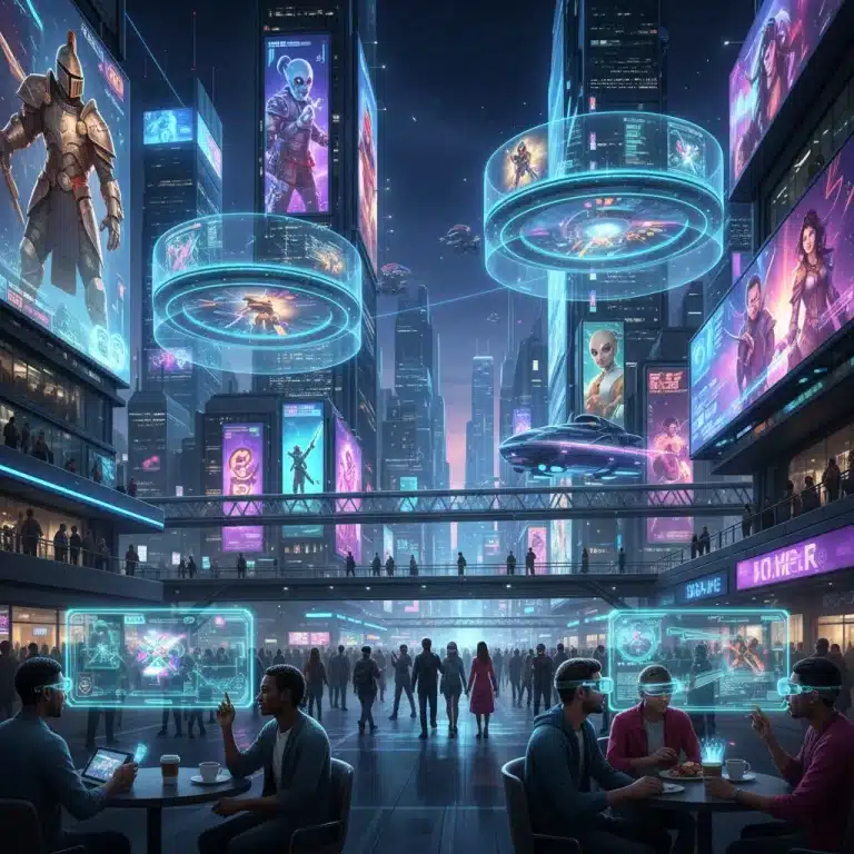 Futuristic cityscape with holographic gaming displays and people interacting with VR headsets, symbolizing gaming culture in 2026.